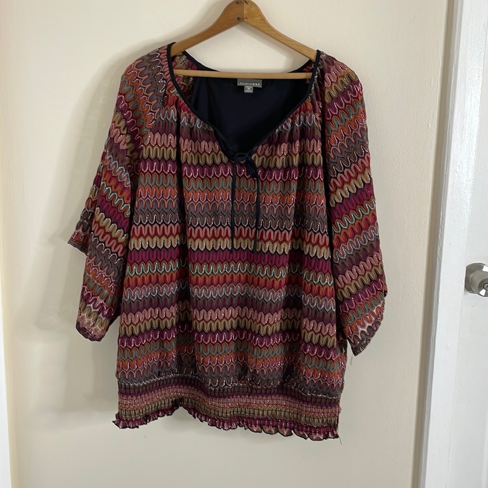 Roz & Ali blouse boho bell sleeve knit tank lined ruched waist size 2X